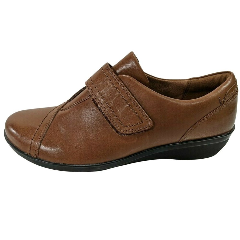 Clarks Womens Everlay Dixie Dark Tan Leather Hook & Loop Casual Loafers Sz 7 M